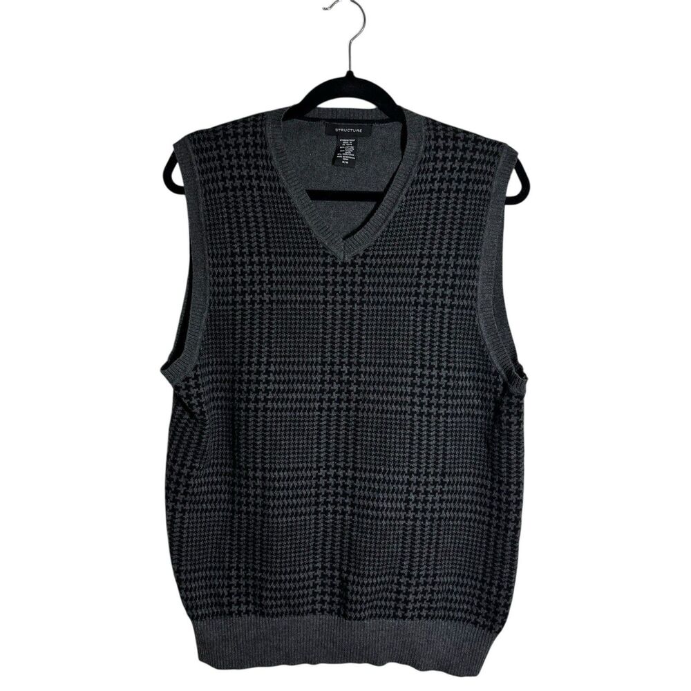 Structure Mens M Black Gray Wool Blend Houndstooth Knit Sweater Vest Preppy